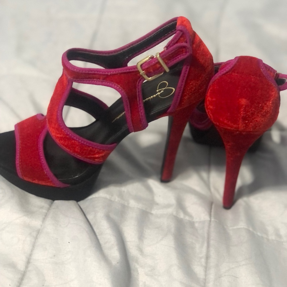 Jessica Simpson very strappy red and purple velvet heels